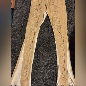 Stacked and flare Tan and cream ripped straight leg jeans